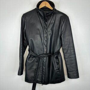Fairweather 100% Genuine Leather Black Full Zip Belted Jacket Coat Quilted Small